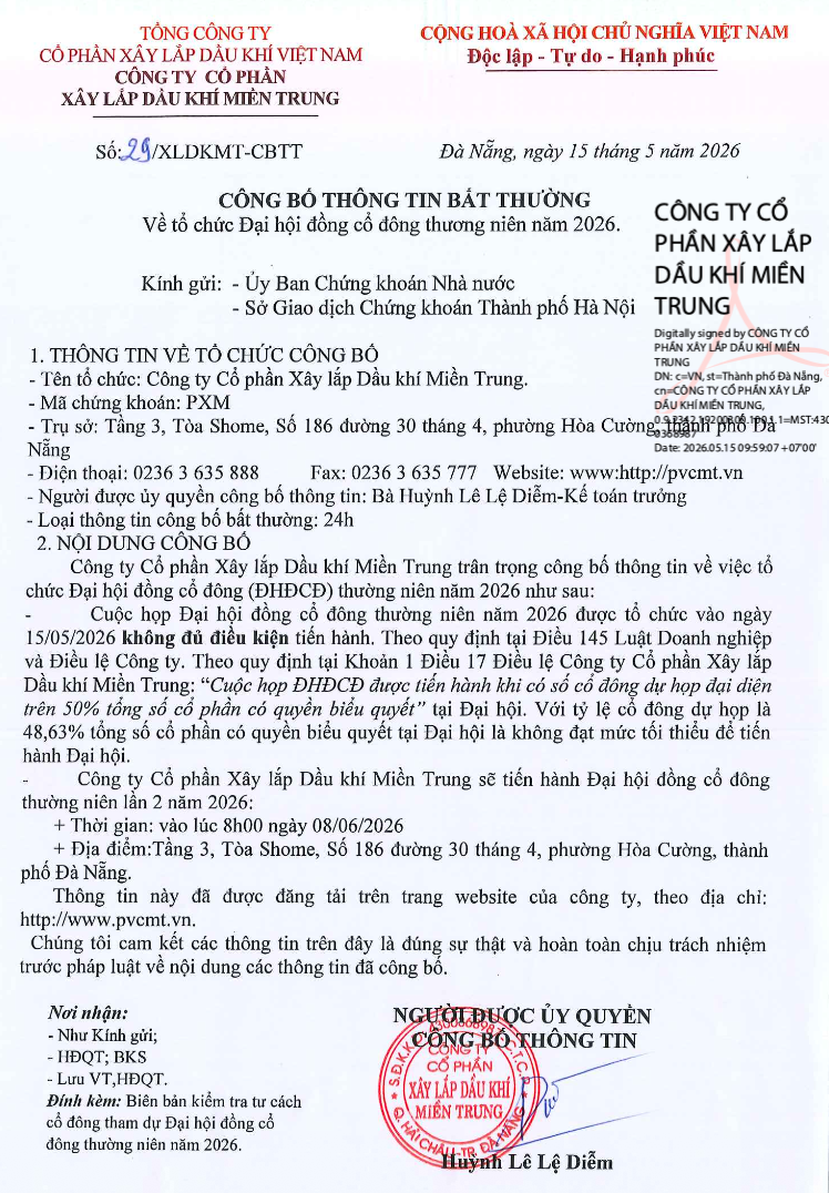 Công bố thông tin bất thường về việc tổ chức Đại hội đồng cổ đông thường niên năm 2026