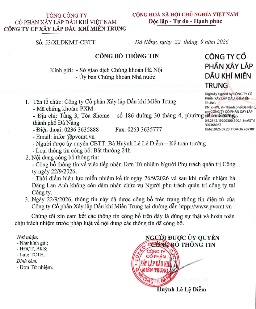 Công bố thông tin việc tiếp nhận Đơn từ nhiệm Người phụ trách quản trị Công ty 